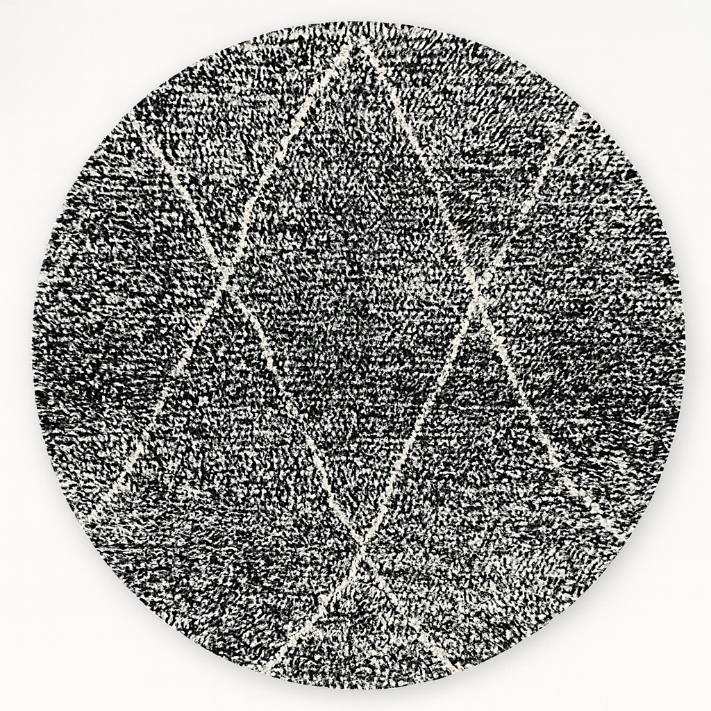 Round black and white Moroccan rug with modern diamond pattern, handmade wool Berber carpet