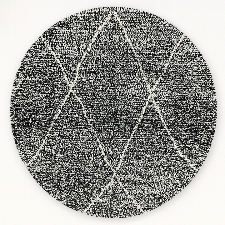 Round black and white Moroccan rug with modern diamond pattern, handmade wool Berber carpet