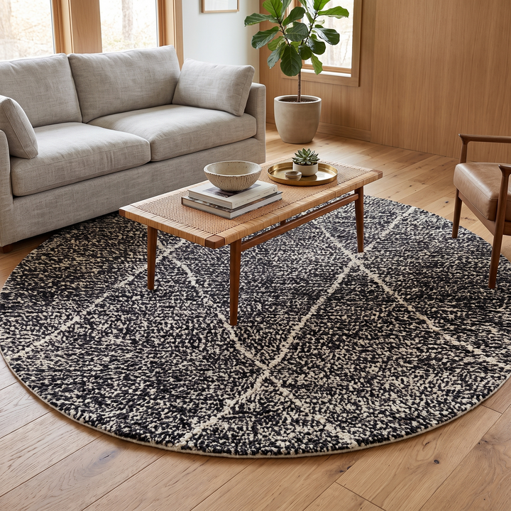 Round black and white Moroccan rug with modern diamond pattern, handmade wool Berber carpet