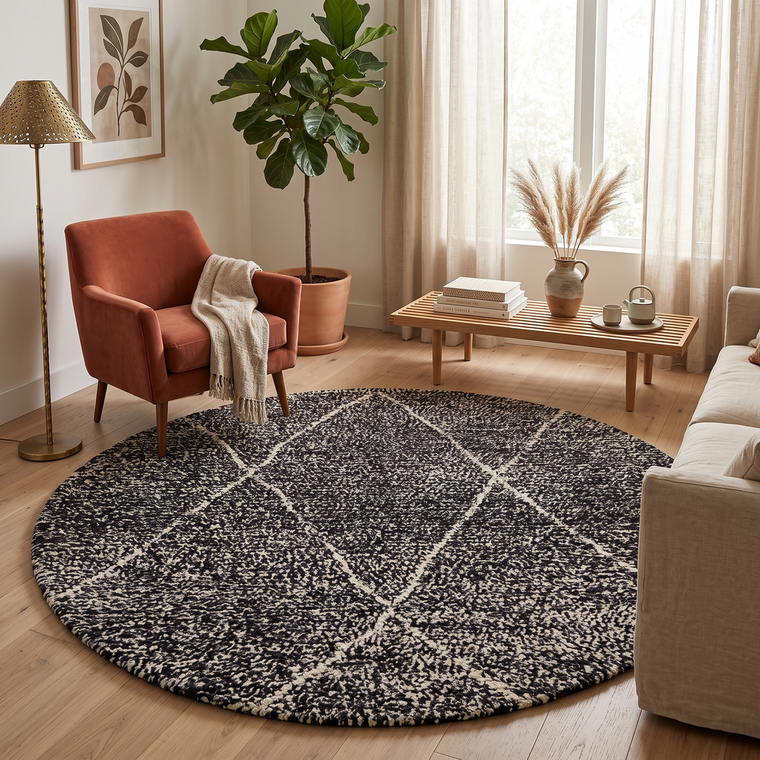 Round black and white Moroccan rug with modern diamond pattern, handmade wool Berber carpet