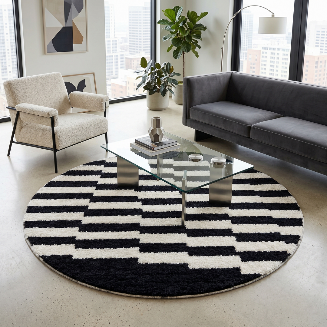 Round black and white Moroccan wool rug with handmade Berber geometric pattern on a clean white background