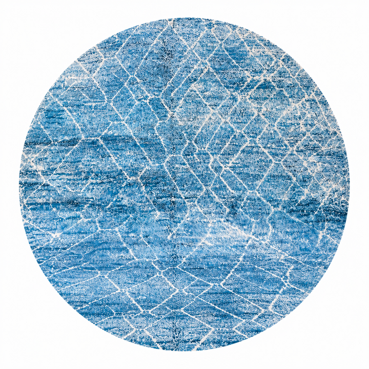 Round blue Moroccan rug with abstract white pattern handmade wool Berber design