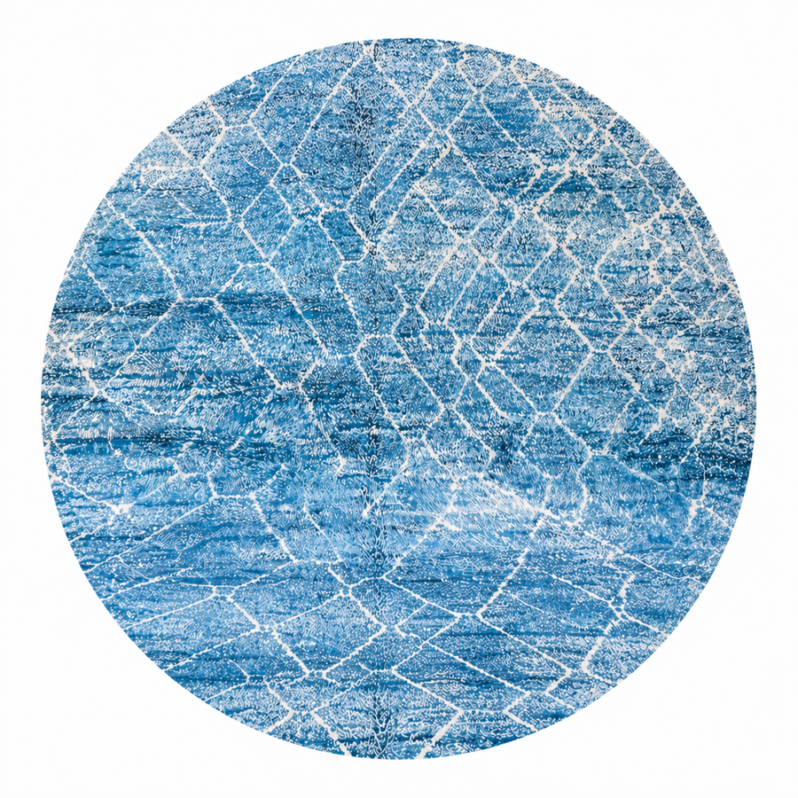 Round blue Moroccan rug with abstract white pattern handmade wool Berber design
