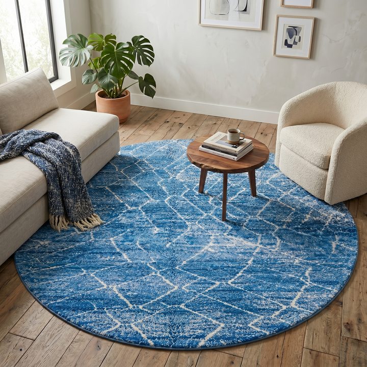 Round blue Moroccan rug with abstract white pattern handmade wool Berber design