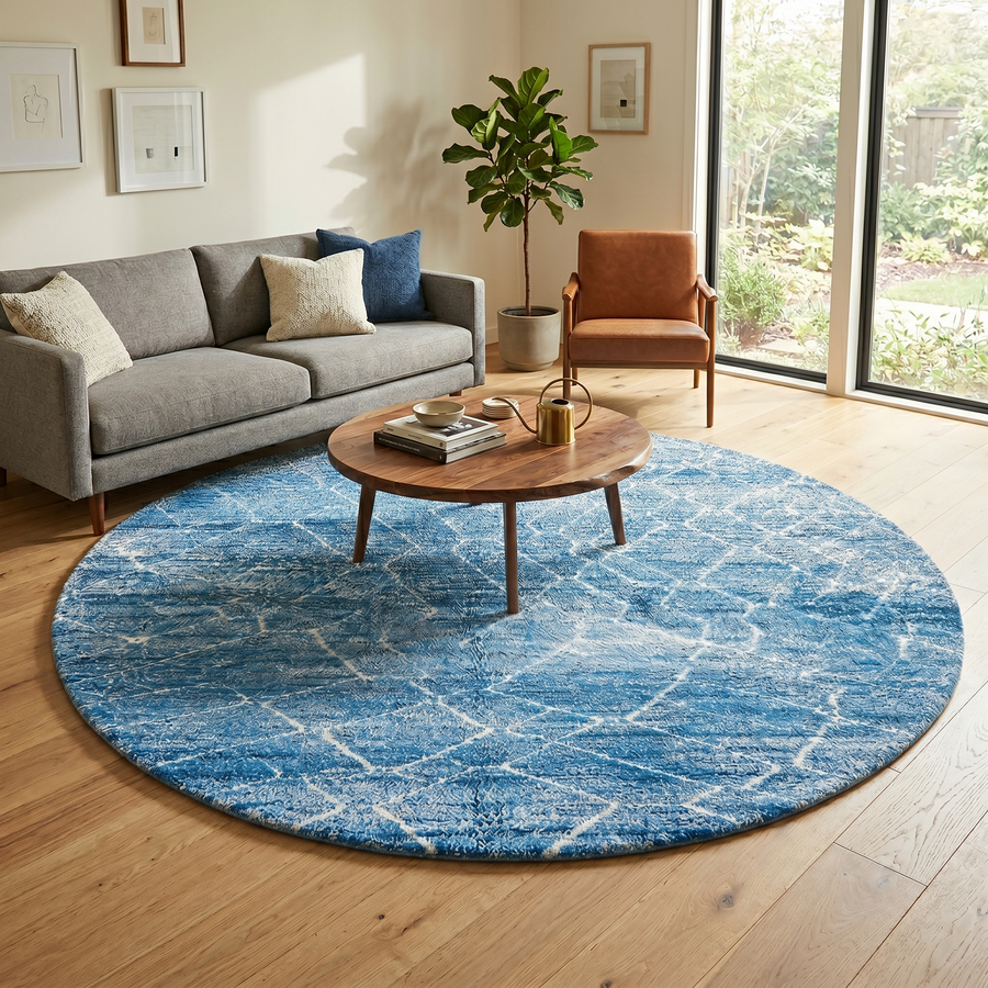 Round blue Moroccan rug with abstract white pattern handmade wool Berber design