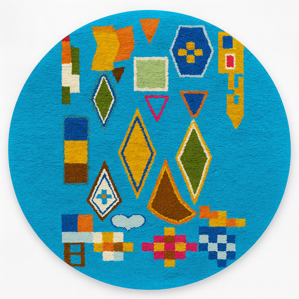 Round blue Moroccan wool rug with colorful Berber geometric patterns