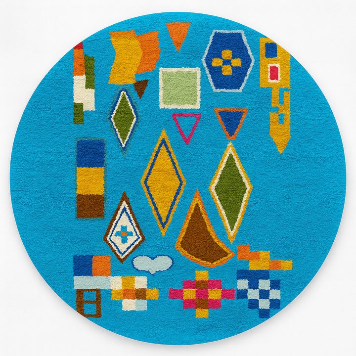 Round blue Moroccan wool rug with colorful Berber geometric patterns