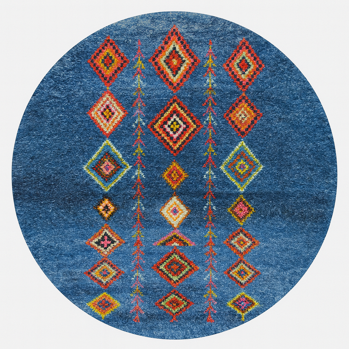 Round blue Moroccan rug with colorful Berber diamond motifs, handmade wool design