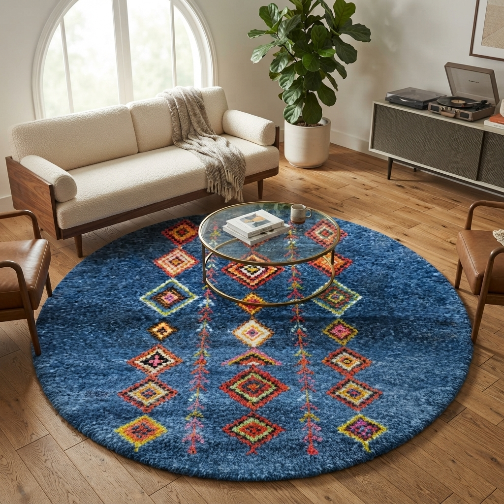 Round blue Moroccan rug with colorful Berber diamond motifs, handmade wool design