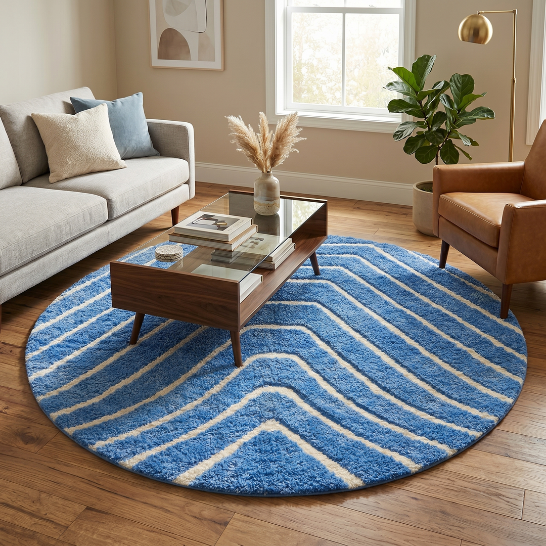 Round blue Moroccan wool rug with carved Berber line pattern and sculpted texture