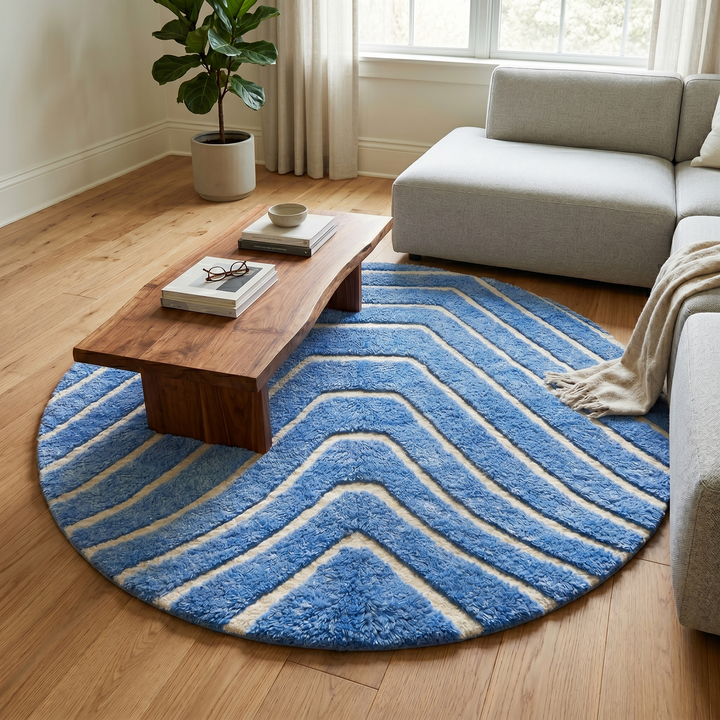 Round blue Moroccan wool rug with carved Berber line pattern and sculpted texture