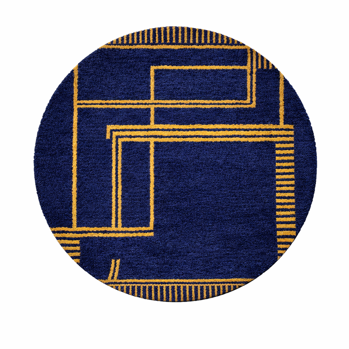 Round navy blue Moroccan wool rug with mustard yellow geometric Berber pattern, handmade artisan round carpet on white background