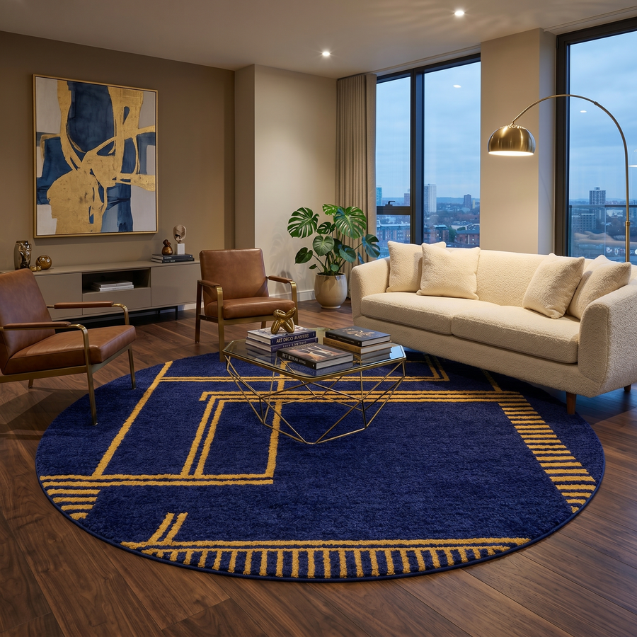 Round navy blue Moroccan wool rug with mustard yellow geometric Berber pattern, handmade artisan round carpet on white background