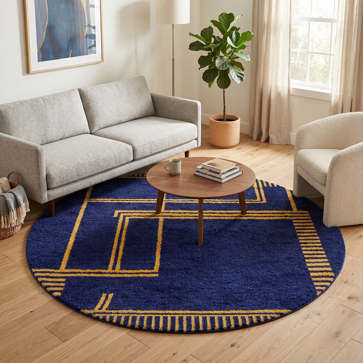 Round navy blue Moroccan wool rug with mustard yellow geometric Berber pattern, handmade artisan round carpet on white background