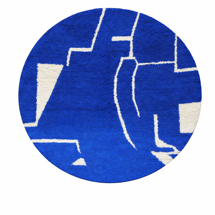 Round Blue Moroccan Wool Rug – Modern Berber Design