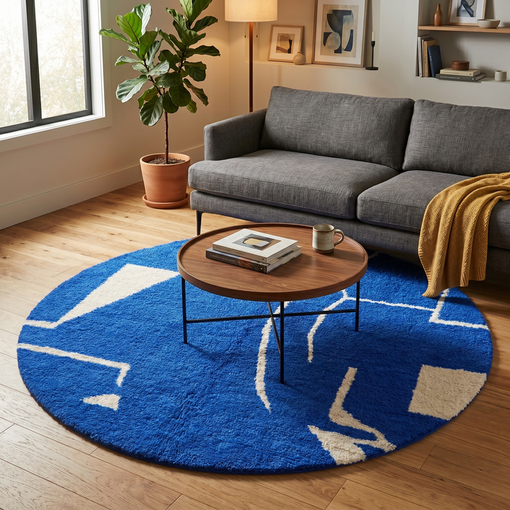 Round handmade Moroccan wool rug featuring a rich cobalt blue background with abstract ivory geometric and linear Berber-inspired patterns.