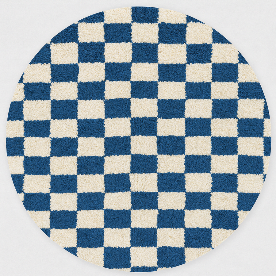 Round blue and white checkered Moroccan wool rug