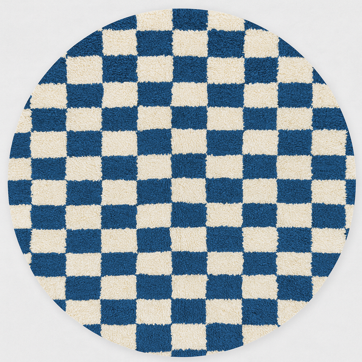 Round blue and white checkered Moroccan wool rug