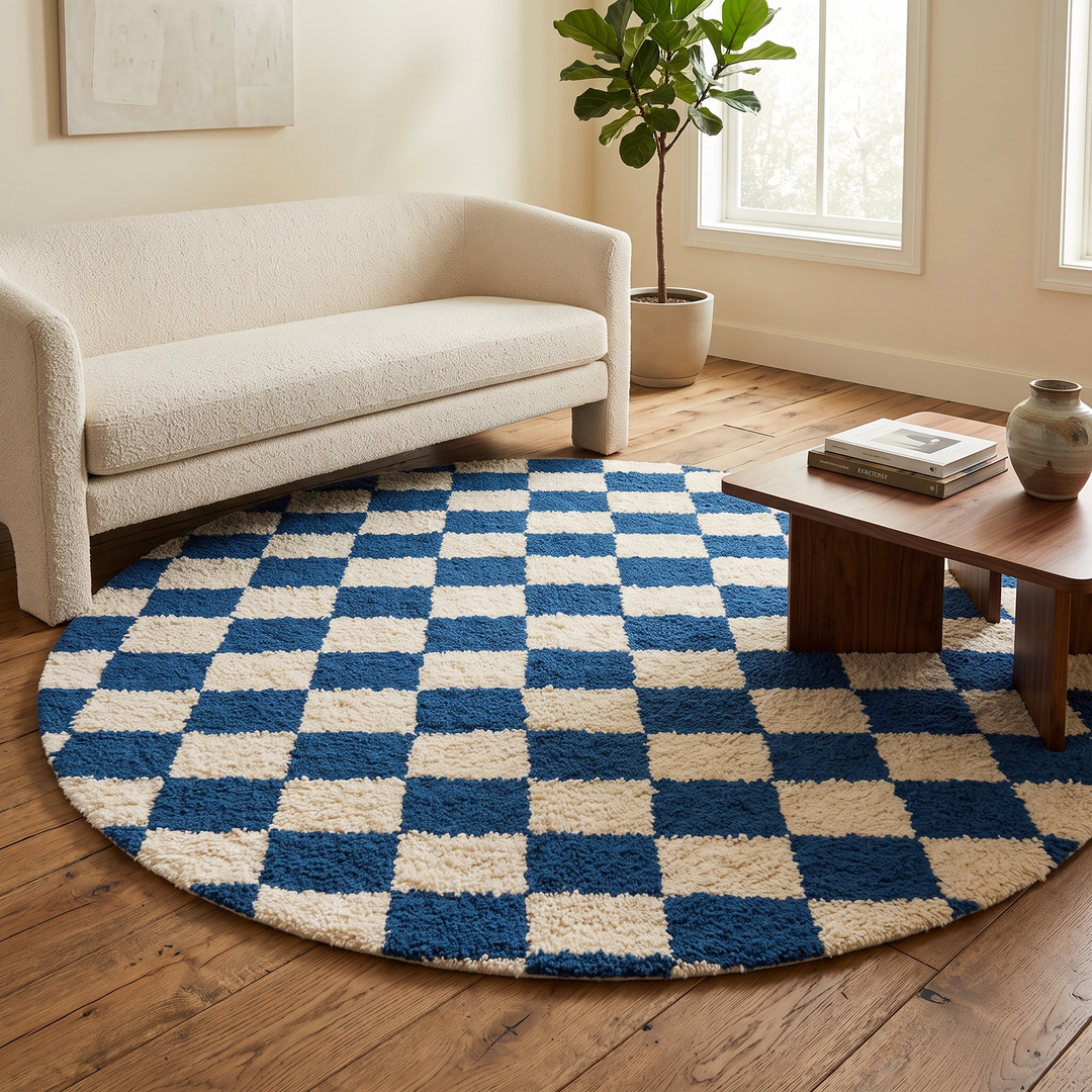 Round blue and white checkered Moroccan wool rug