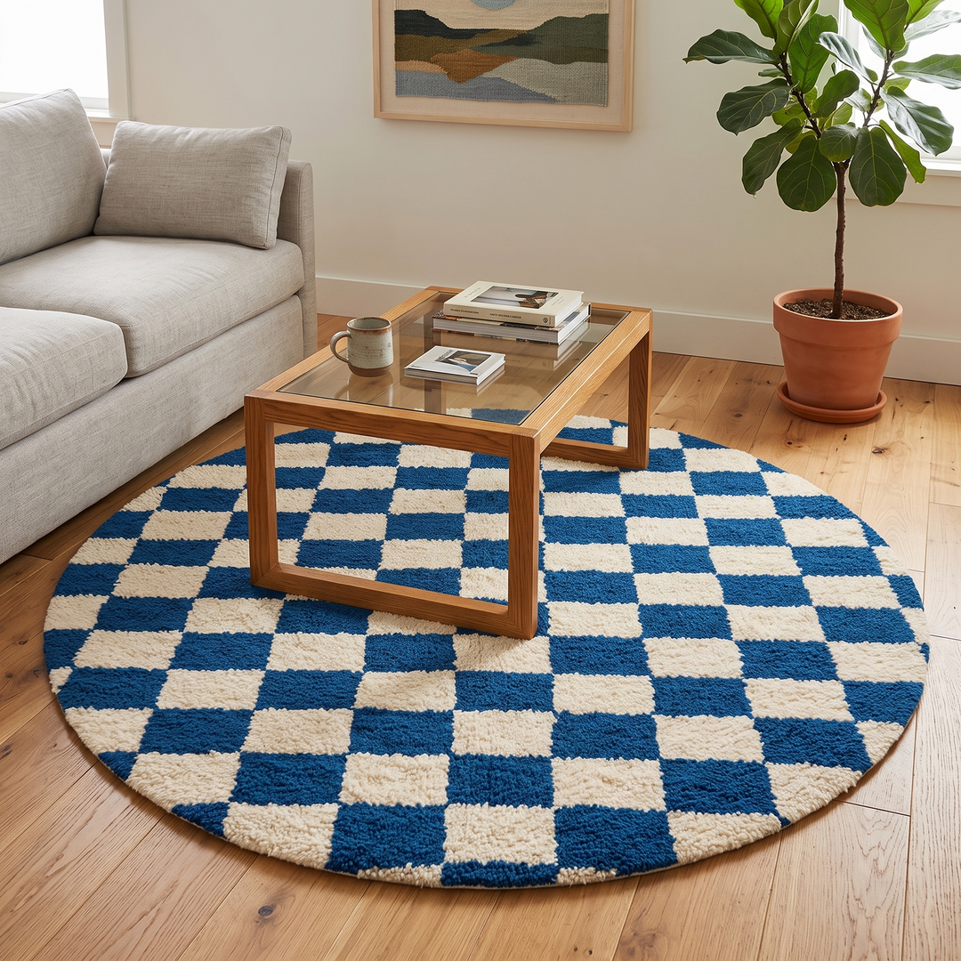 Round blue and white checkered Moroccan wool rug