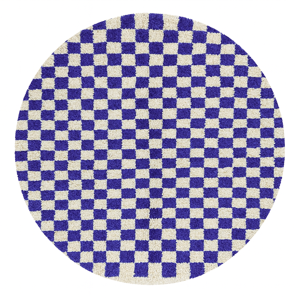 Round blue and white Moroccan checkered rug