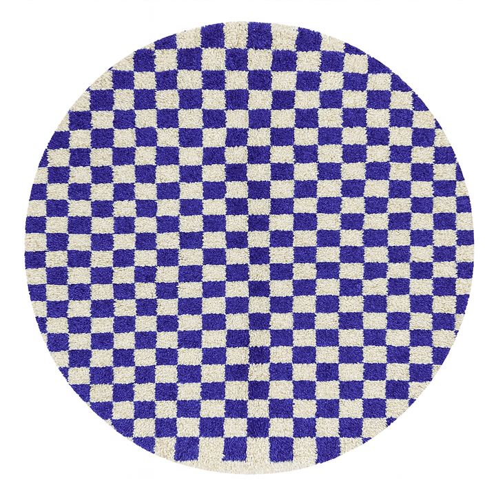 Round blue and white Moroccan checkered rug