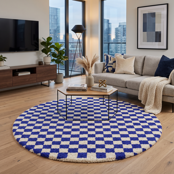 Round blue and white Moroccan checkered rug