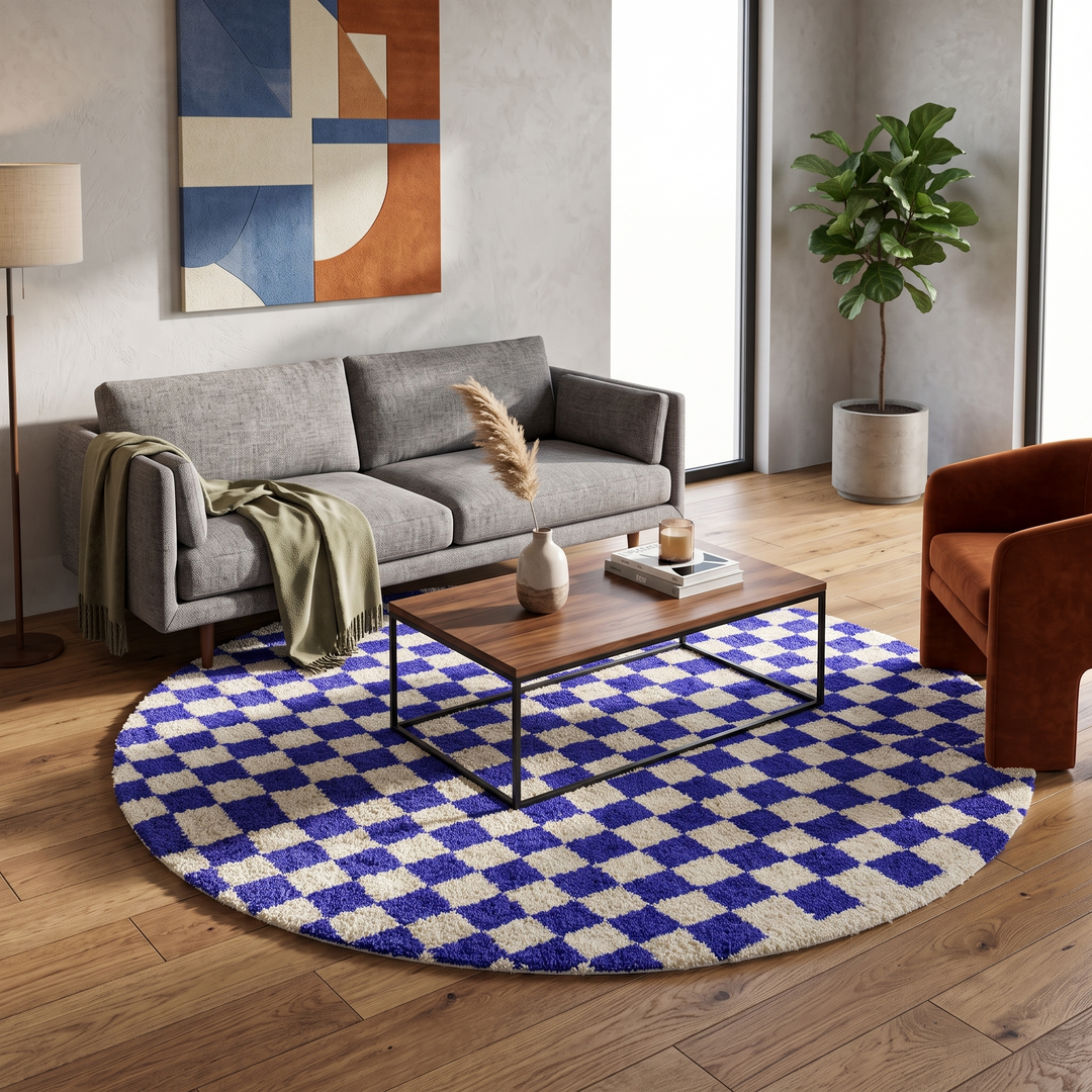 Round blue and white Moroccan checkered rug