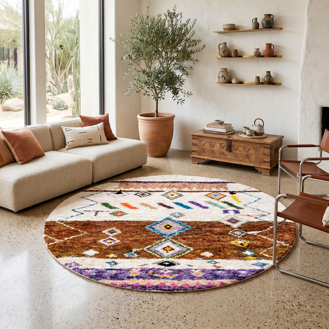 Round ivory and brown Moroccan wool rug with colorful Berber diamond motifs, handmade Amazigh round area rug.