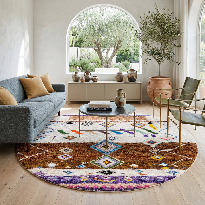 Round ivory and brown Moroccan wool rug with colorful Berber diamond motifs, handmade Amazigh round area rug.