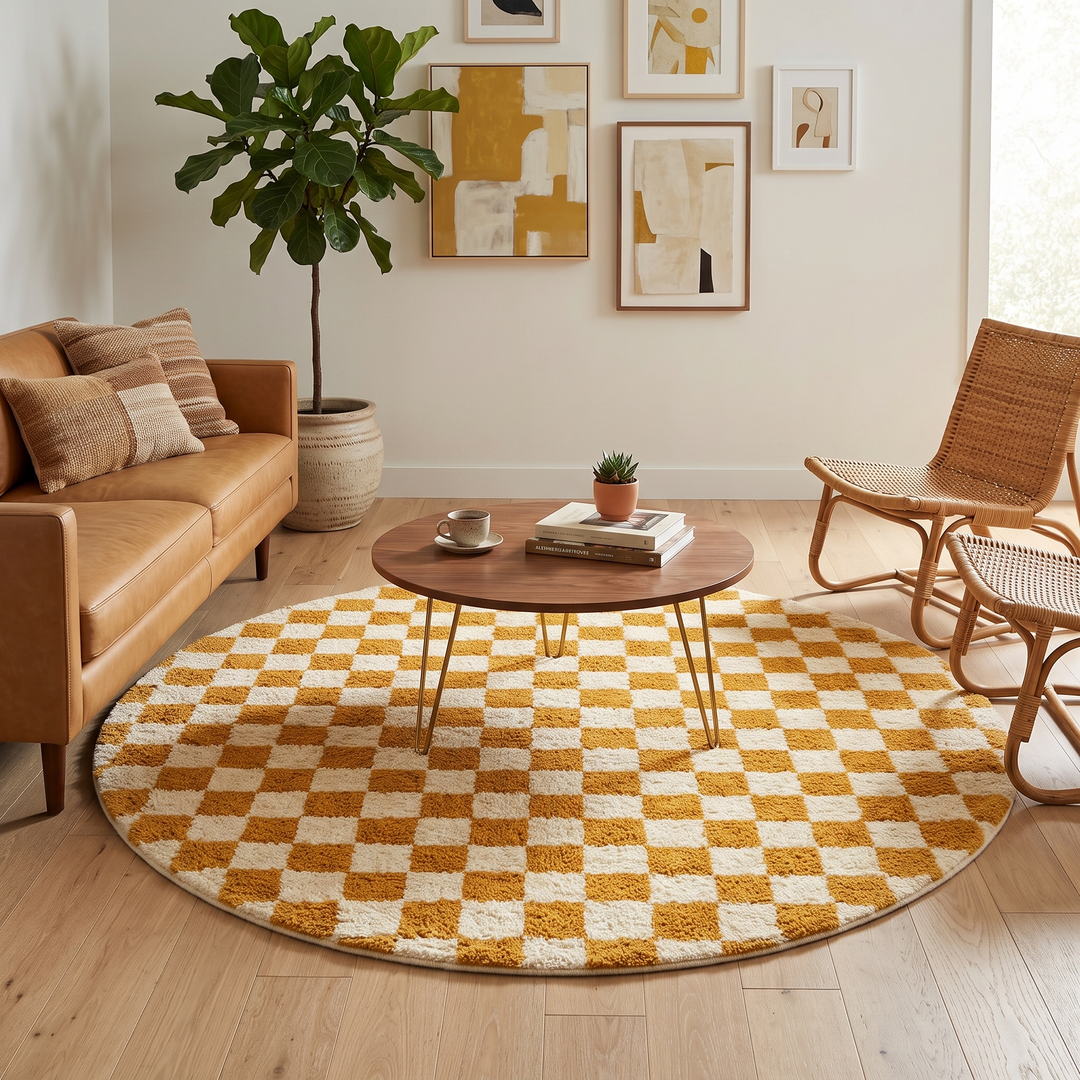 Handmade orange and white checkered Moroccan wool rug