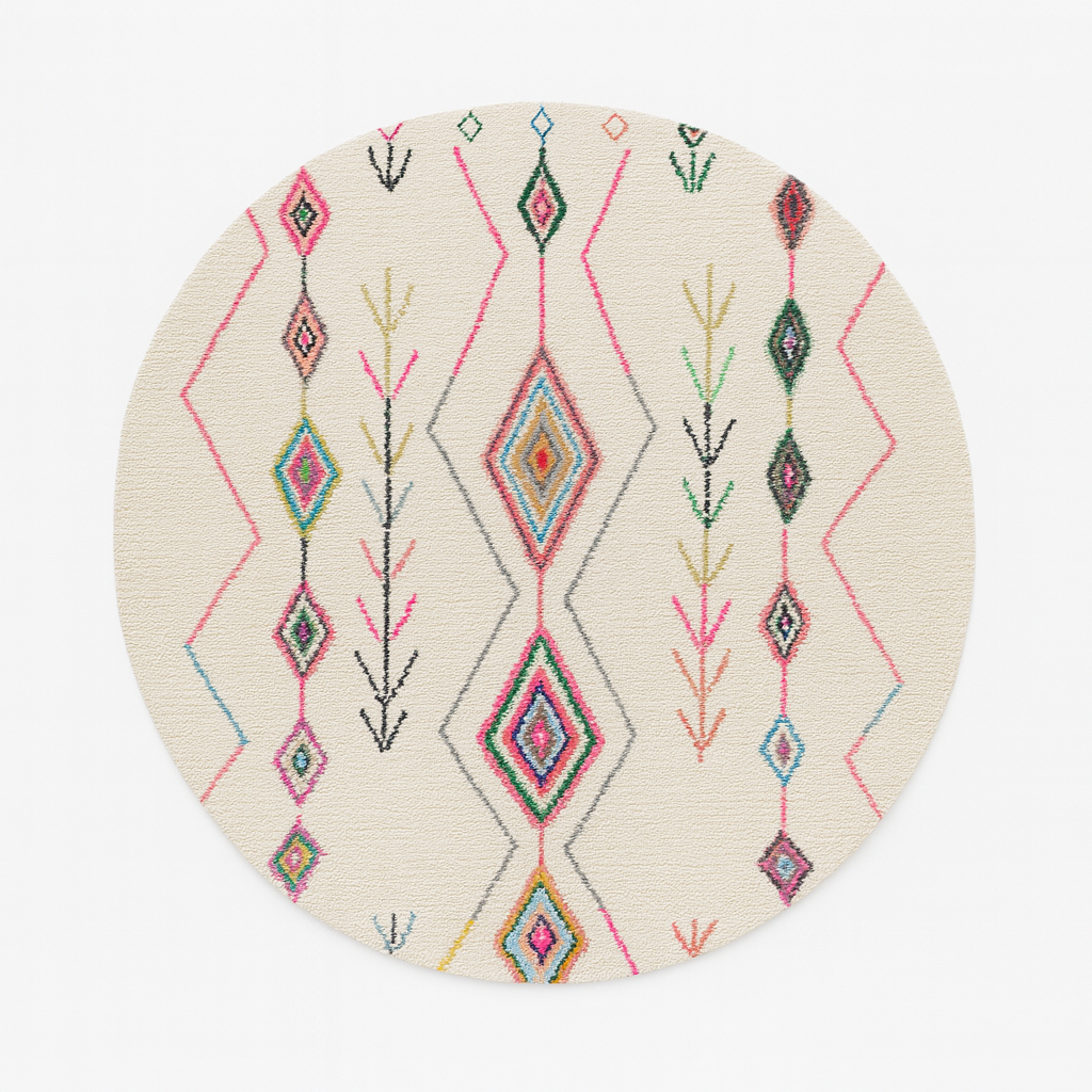 Round white Moroccan wool rug with colorful Berber diamond and arrow patterns
