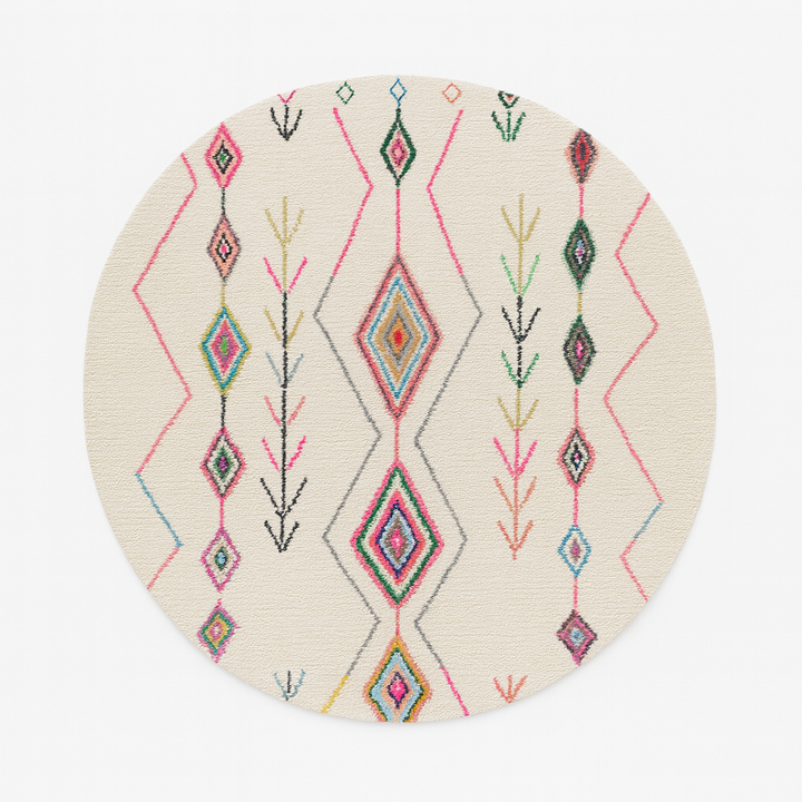 Round white Moroccan wool rug with colorful Berber diamond and arrow patterns