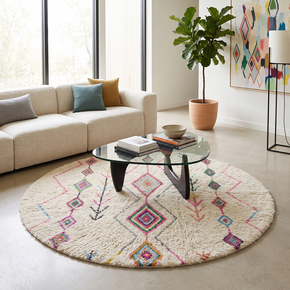 Round white Moroccan wool rug with colorful Berber diamond and arrow patterns