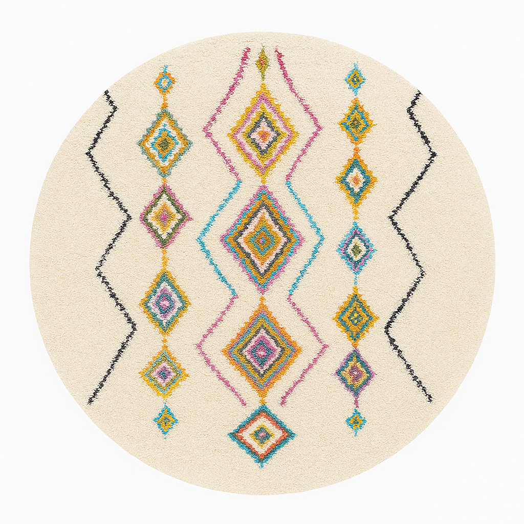 Round white Moroccan rug with multicolor Berber diamond patterns