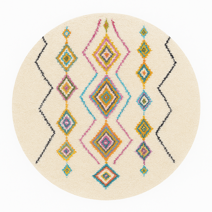 Round white Moroccan rug with multicolor Berber diamond patterns
