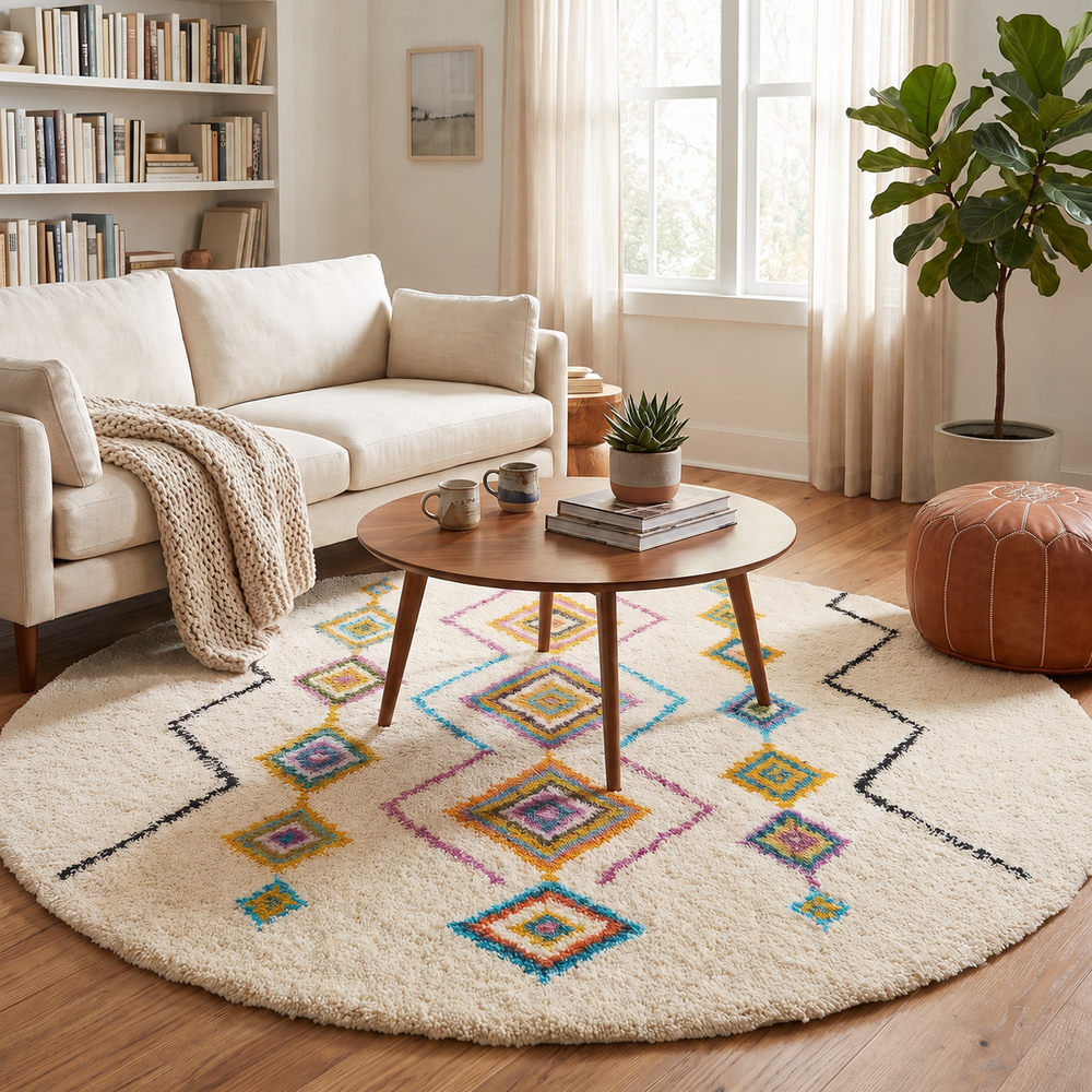 Round white Moroccan rug with multicolor Berber diamond patterns