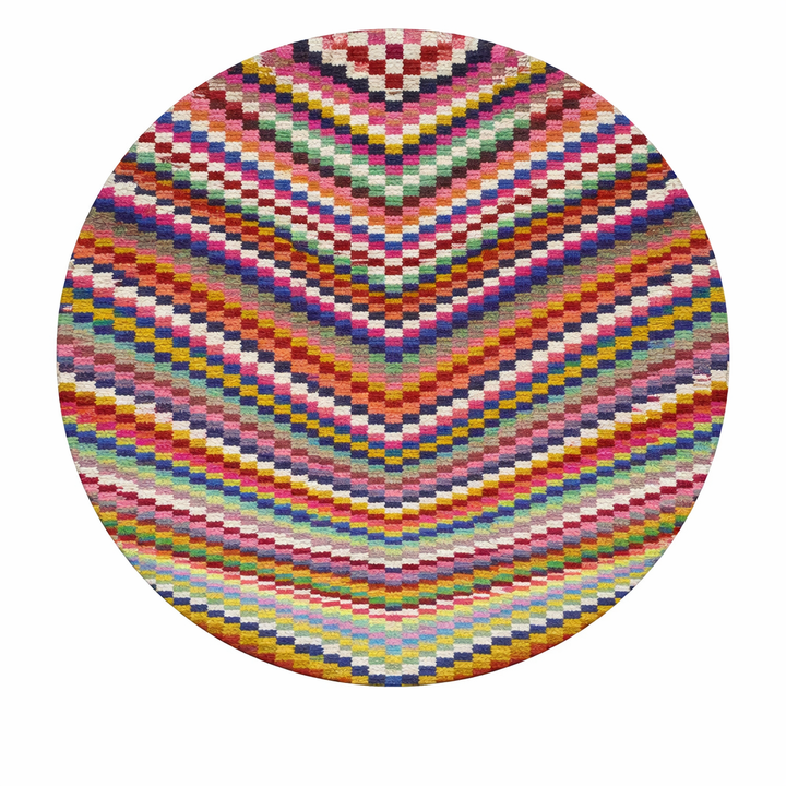 Round colorful Moroccan wool rug with abstract Berber pattern in pink, blue, green, yellow and ivory tones