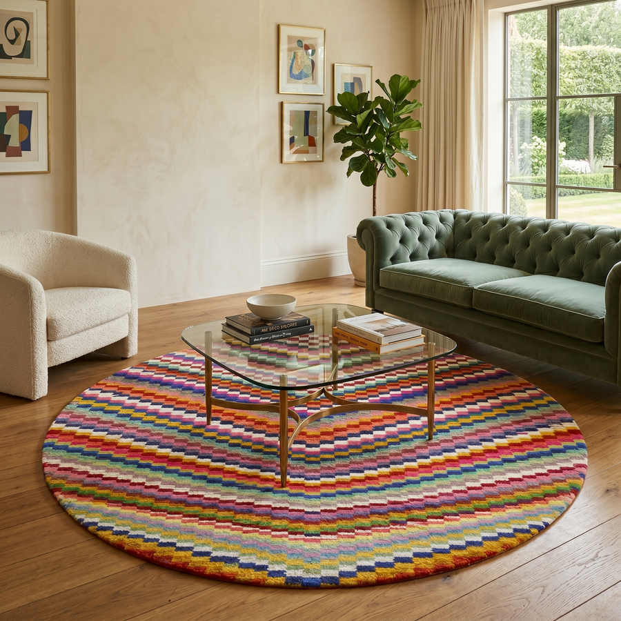 Round colorful Moroccan wool rug with abstract Berber pattern in pink, blue, green, yellow and ivory tones