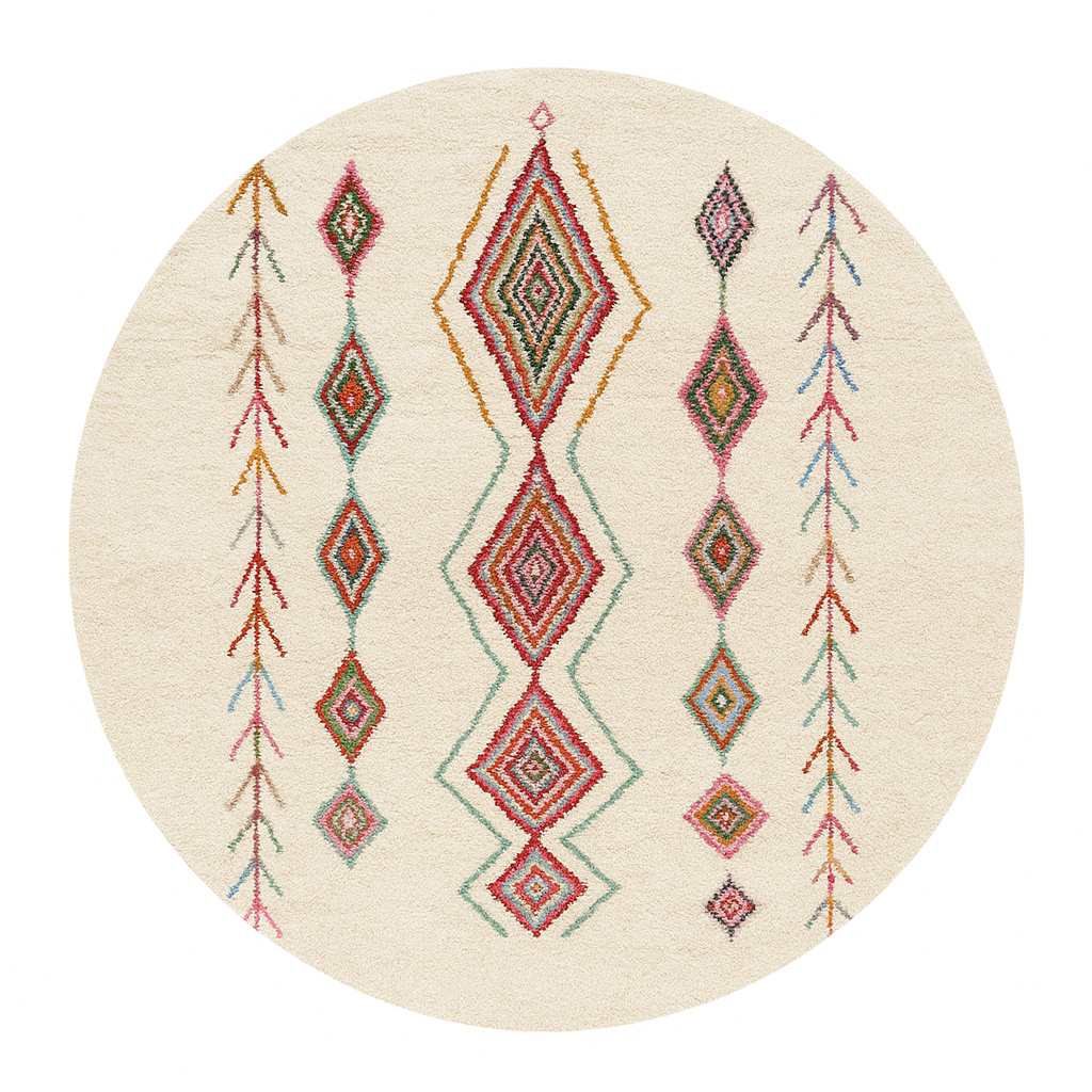 Round white Moroccan wool rug with colorful diamond and tribal line motifs handmade by Berber artisans