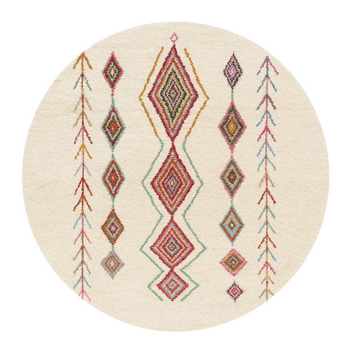 Round white Moroccan wool rug with colorful diamond and tribal line motifs handmade by Berber artisans