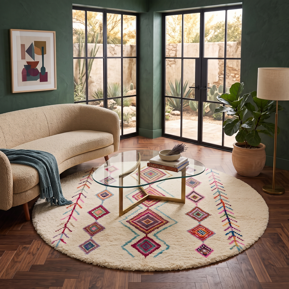 Round white Moroccan wool rug with colorful diamond and tribal line motifs handmade by Berber artisans