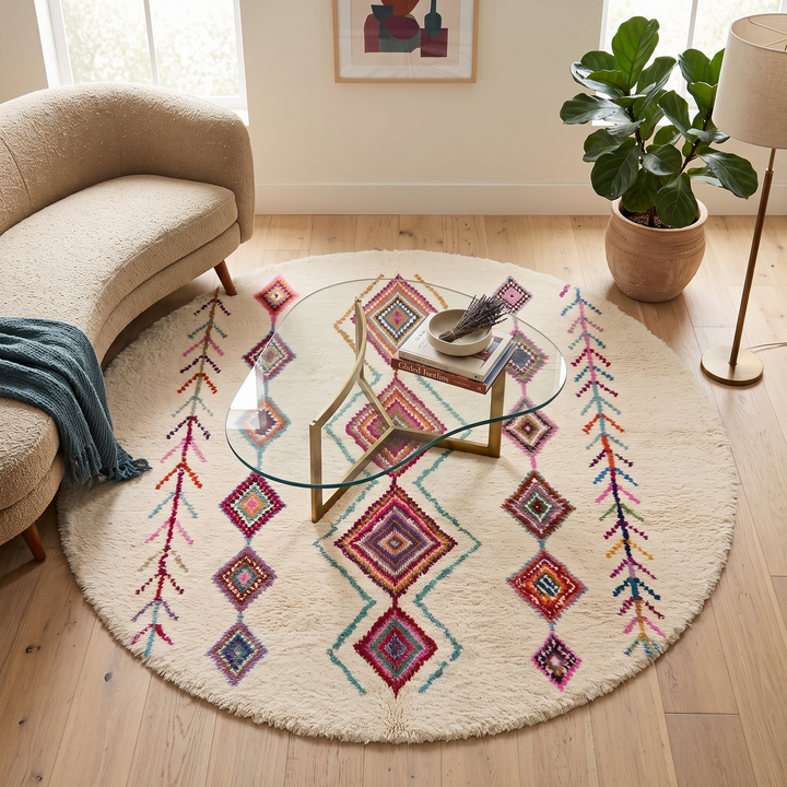 Round white Moroccan wool rug with colorful diamond and tribal line motifs handmade by Berber artisans