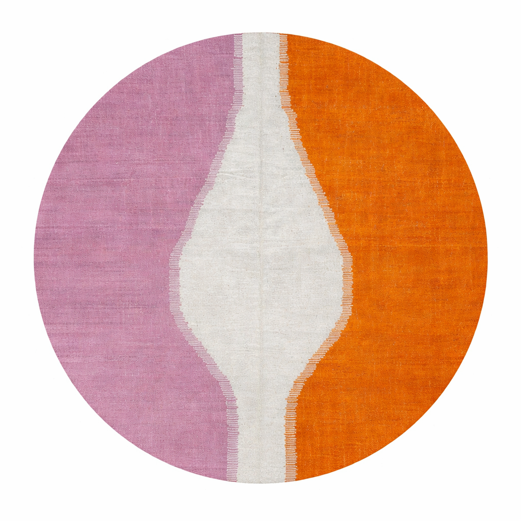 Artistic flat-weave round Moroccan wool rug in mauve, ivory, and orange tones