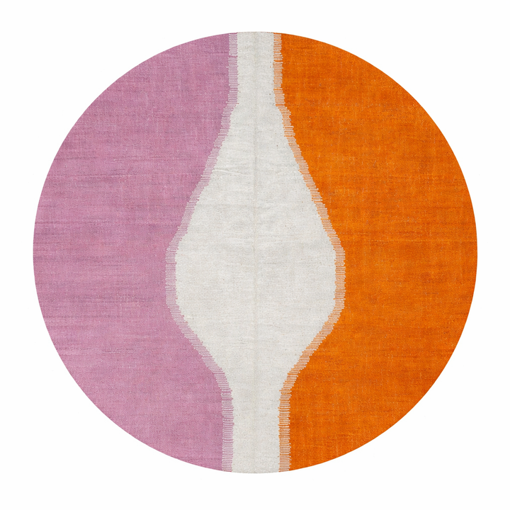 Artistic flat-weave round Moroccan wool rug in mauve, ivory, and orange tones