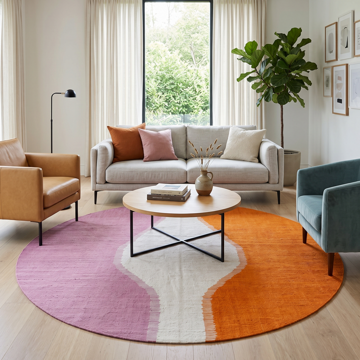 Artistic flat-weave round Moroccan wool rug in mauve, ivory, and orange tones