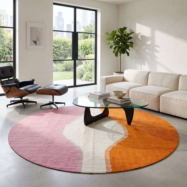 Artistic flat-weave round Moroccan wool rug in mauve, ivory, and orange tones