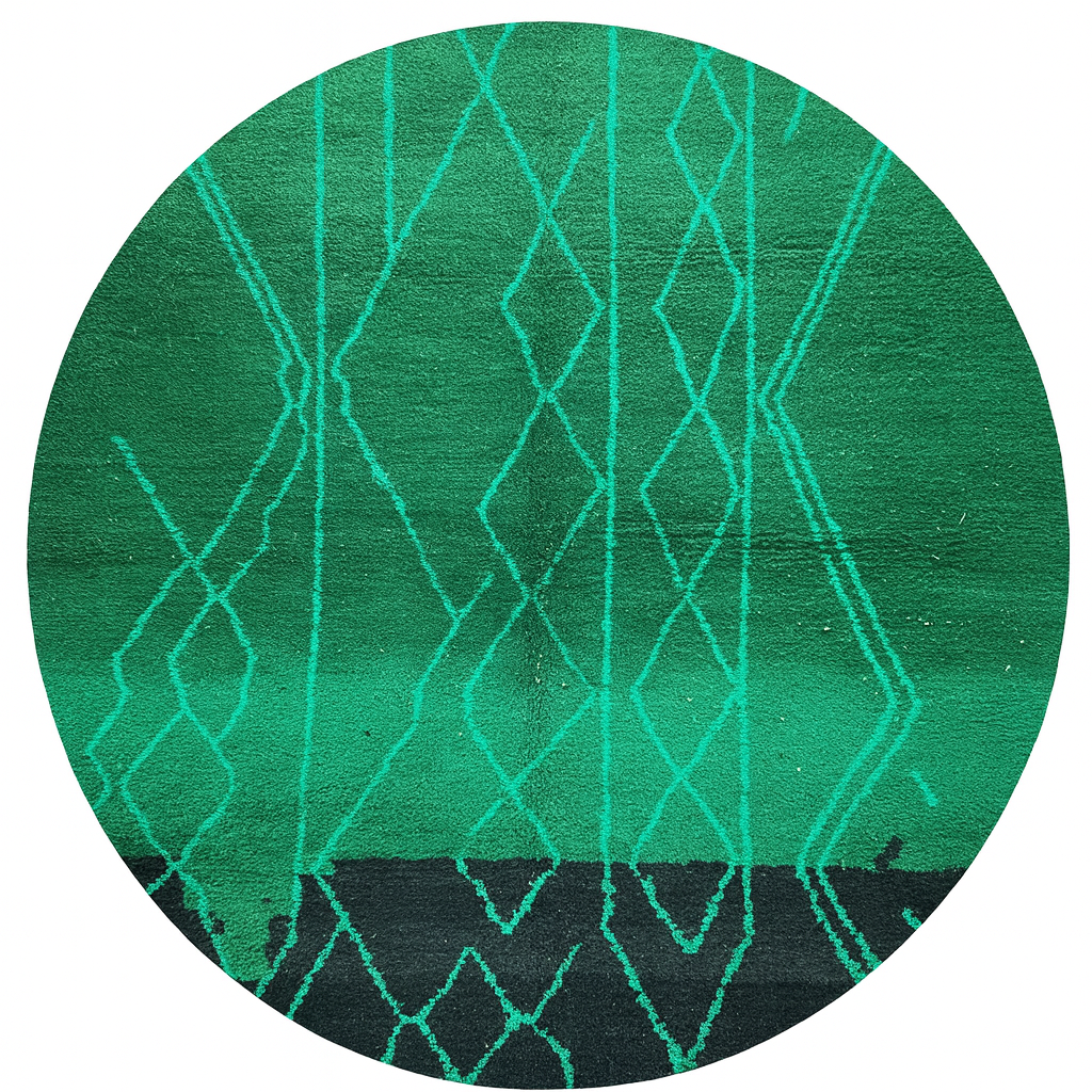 Round green Moroccan wool rug with modern Berber line patterns