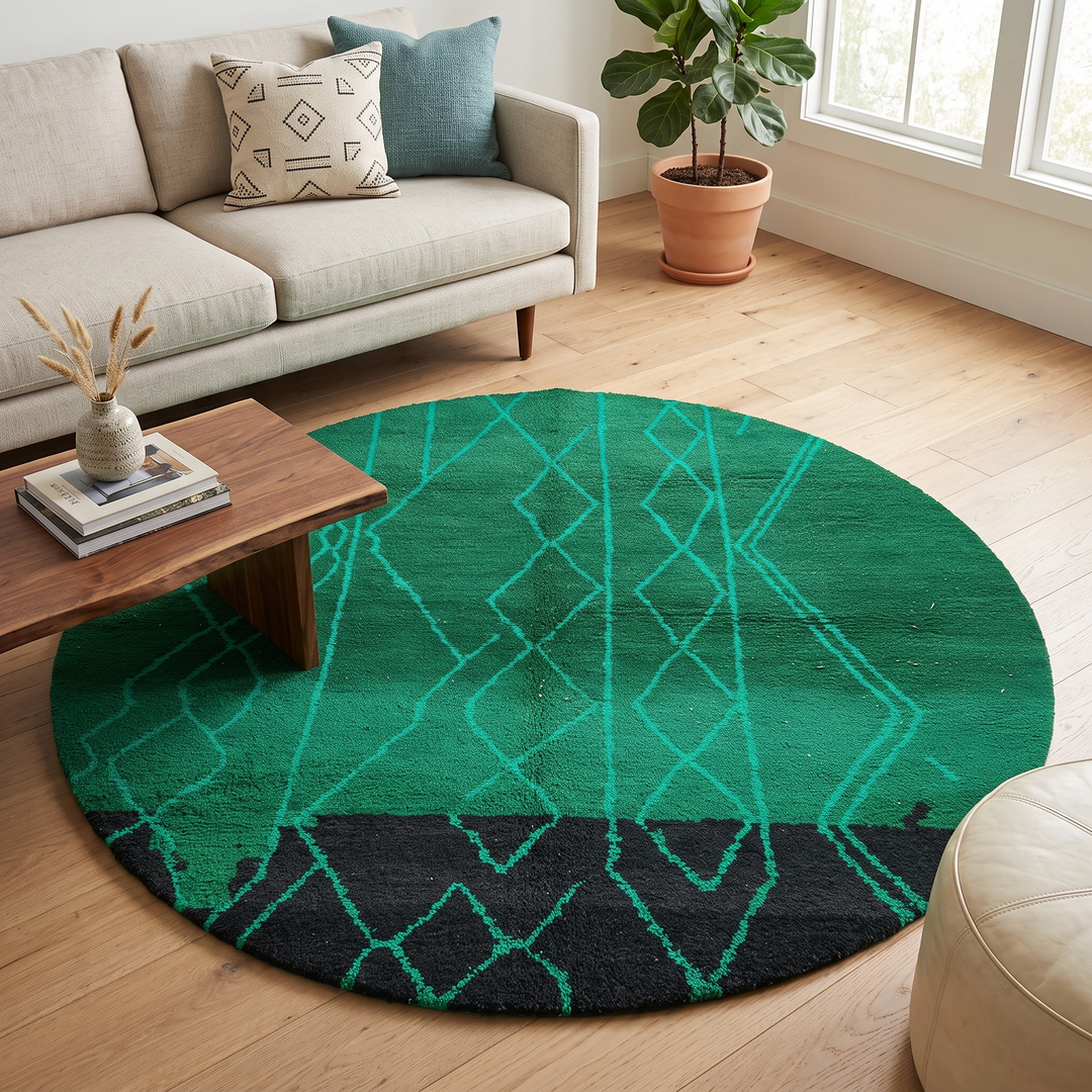 Round green Moroccan wool rug with modern Berber line patterns