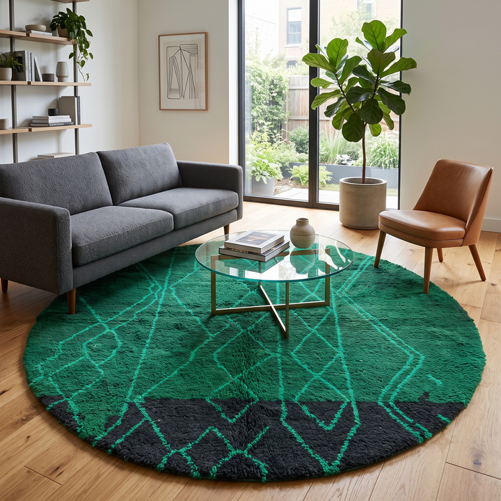 Round green Moroccan wool rug with modern Berber line patterns